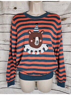 Modcloth Striped Birthday Bear Clown Sweater L Cotton Blend Womens